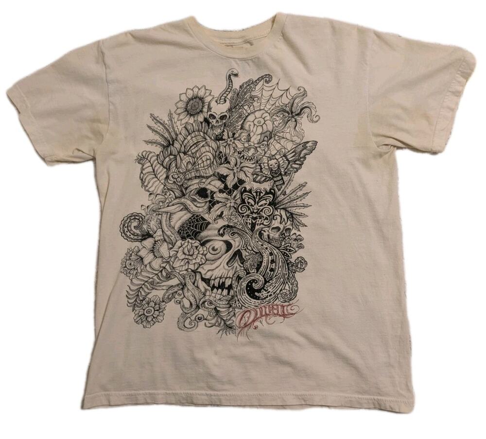 Vintage Y2K O'Neill Skull Tattoo Art Graphic T-Shirt Grunge Patina Tee Size M